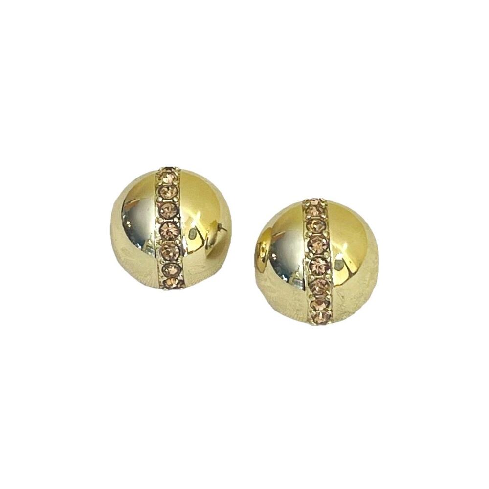 Vtg Round Button Rhinestone Clip-on Earrings Domed Stud Mid-Century Modern